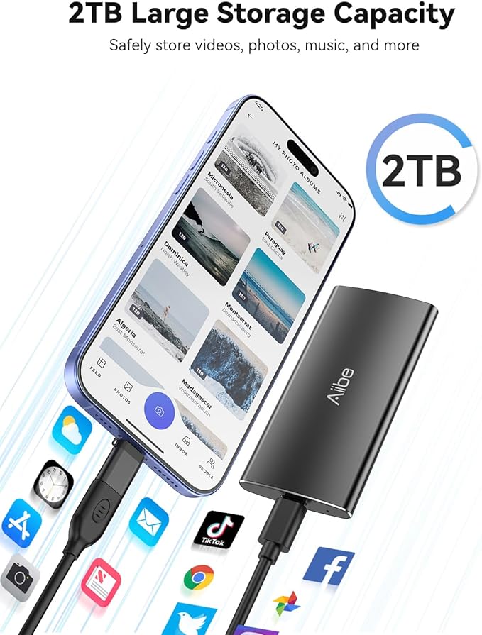 Aiibe 2TB External SSD USB C Portable SSD USB 3.2 Gen 2 Up to 1050MB/s External Hard Drive 2TB External Solid State Drive for iPhone 16/15 Laptop Mac and PS5 (Black)
