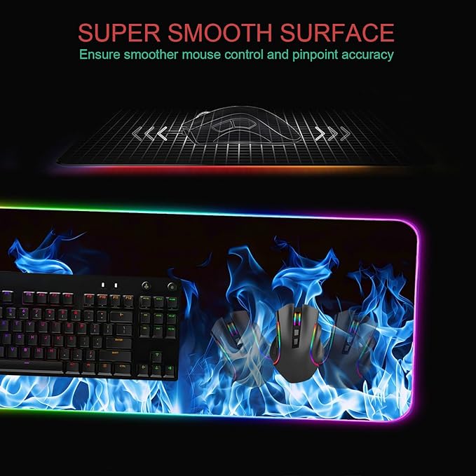 RGB Gaming Mouse Pad with Coffee Coaster XXL Large Glowing LED Mousepad Anti-Slip Rubber Base Computer Keyboard Desk Mouse Mat 31.5 X 11.8 Inch - Blue Flame