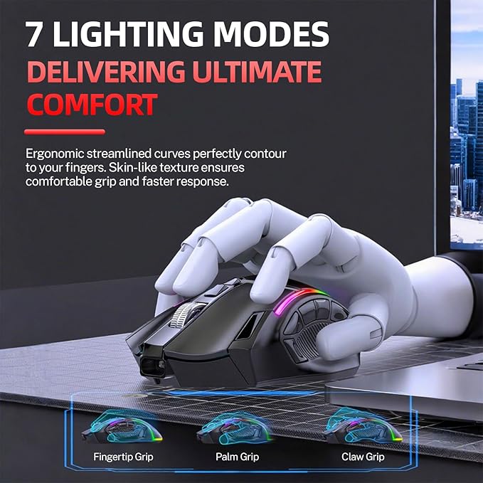 Wireless Gaming Mouse Tri-Mode 2.4G/Bluetooth/USB-C 24000 DPI 12 Programmable Buttons 500mAh Rechargeable Battery 7 RGB Lighting Modes On-Board Memory for Laptop/PC/Mac (Black)