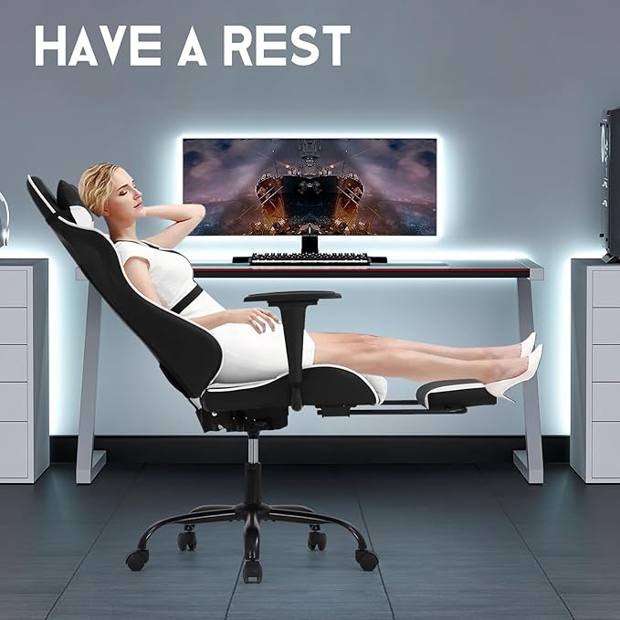 Gaming Chair with Footrest Reclining Video Game Chairs for Adults with Lumbar Support Headrest High-Back Home Office Computer Desk Chair PU Black-White