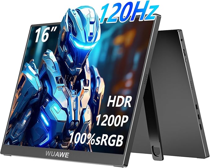 WUAWE 16 1200P 120Hz Portable Monitor 100% sRGB Portable Gaming Monitor with Built-in StandHDR and Freensync External USB C Monitor for Laptop PC Phone Switch and PS5 (Black)
