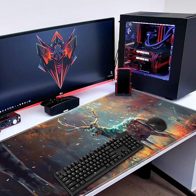 3-in-1 Large Mouse Pad Gaming Set (31.5 x 11.8 inch)+ Wrist Rest Pad + Coaster Memory Foam Gel Wrist Rest Pad for Pain Relief Stitched Edges Non-Slip Table Mat Painted Deer
