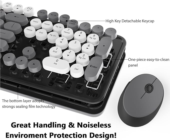 Wireless Keyboard and Mouse KOOTOP Cute Keyboard and Mouse 2.4G Wireless Keyboard with Retro Round Keycap for PC Mac LaptopTabletComputer Windows (Grey)