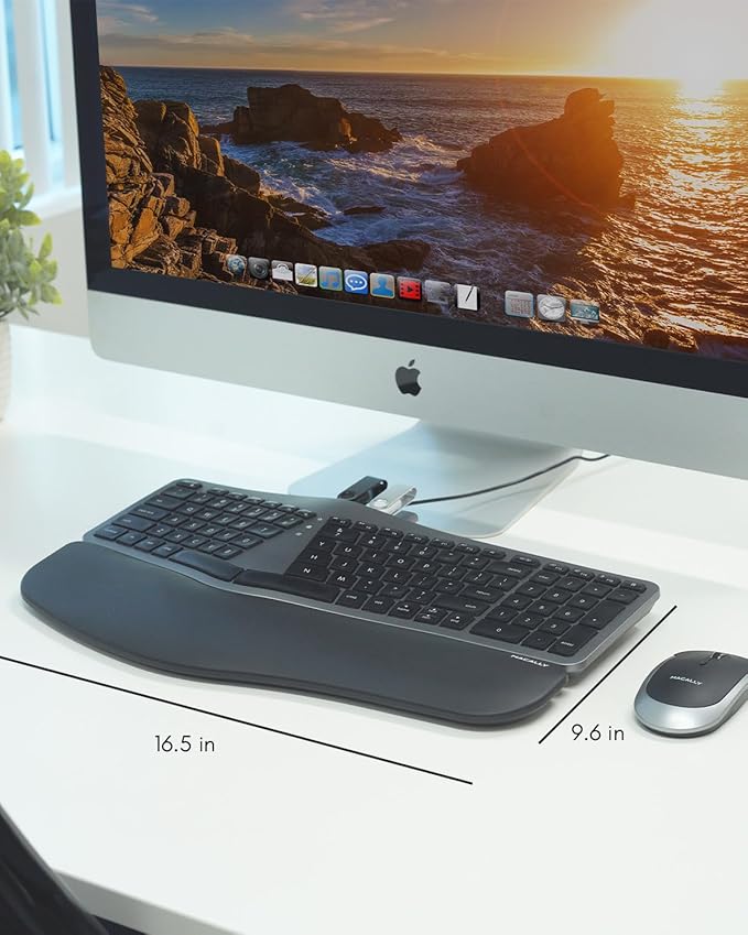 Macally Wired Ergonomic Keyboard for Mac - USB Hub Backlit Keys Dual USB C + A Plug Split Design Padded Wrist Cushion - Compatible Apple Keyboard for MacBook Pro/Air iMac iPad - Space Gray