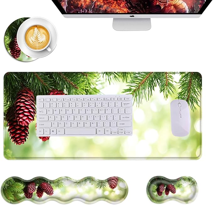 Mouse PadLarge Desk Mat Set 4in1 XL Mousepad + Keyboard Wrist Rest+Mouse Wrist Rest+Coaster with Ergonomic Desk Pad for Home Office Table Computer Cover -Pine Cones on Green Branches