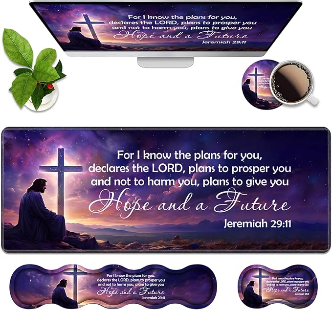 Ergonomic Memory Foam Mouse Pad Wrist Rest SetLarge Gaming Desk Pad + Keyboard Wrist Rest + Mouse Wrist Cushion + Coaster for Home Office Study GamingChristian Cross Quote Bible Verse Jeremiah 29:11