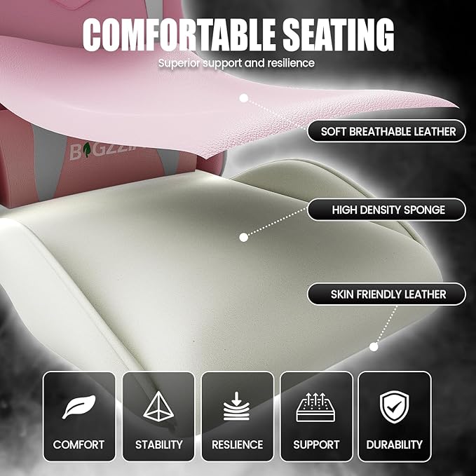 Bigzzia Gaming Chair Computer Game Chair with Lumbar Support Comfortable Video Game Chairs for Adults Kids Racing Style Gamer Chair with 360°-Swivel Seat and Headrest（Pink）