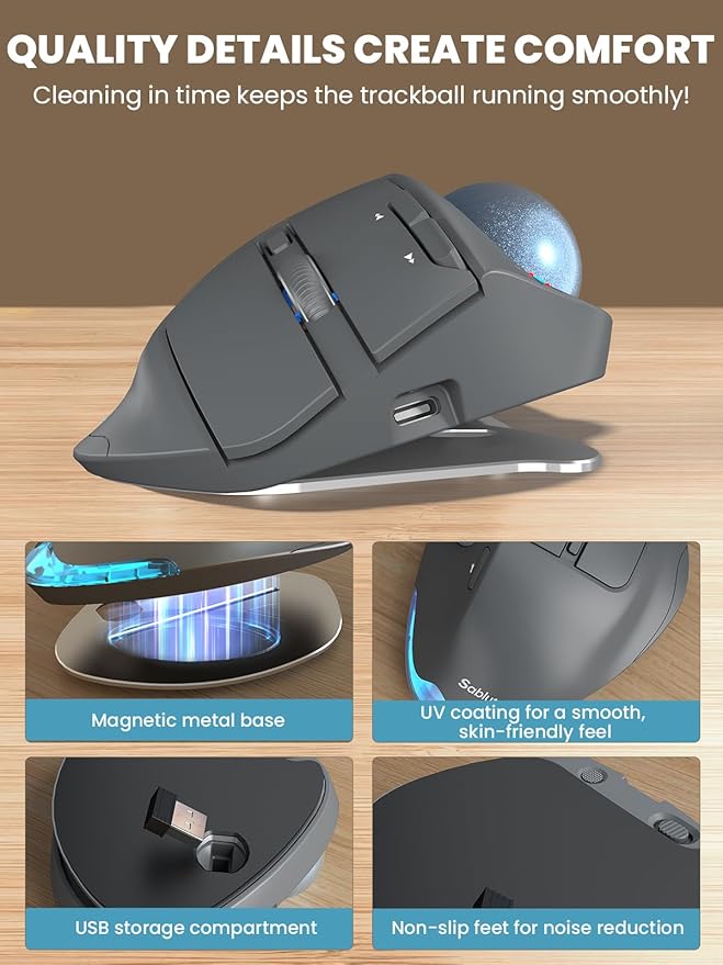 MAM1 Pro Wireless Trackball Mouse Ergonomic Bluetooth Rechargeable Computer Mouse Backlit Rollerball Thumb mice with 5 Level DPI Adjustable Angle 3 Devices Connection for PC Windows - Gray Mouse