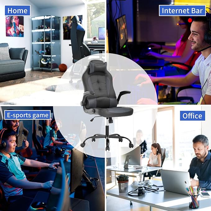 BLKMTY PC Gaming Ergonomic Computer Chair - Adjustable Office Swivel Video Game Racing Chair with Lumbar Support and Headrest - High Back Executive for Adults Grey