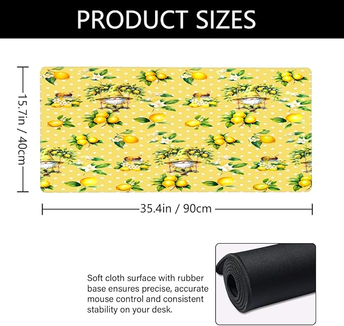 Yellow Lemon Gnome Large Mouse Pad Gaming Mousepad Desk Mat for Desktop Computer Keyboard Waterproof Mouse Mat Desk Pad with Non-Slip Base for Game School Office Home 35.4 x 15.7