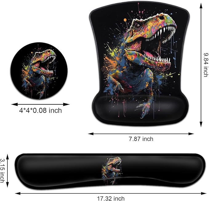 Keyboard Wrist Rest and Mouse Pad Wrist Support Set Ergonomic Gel Mouse Pad Wrist Rest with Non-Slip Base for Home Office Desk Pad Easy Typing Cool Painted Dinosaur Black Gaming Mouse Mat