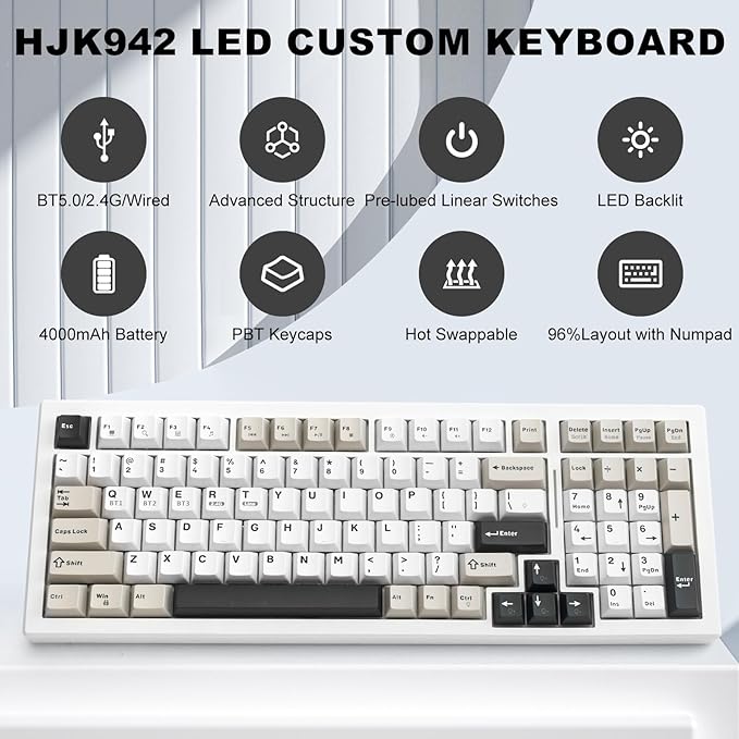 Wireless Game Mechanical Keyboard BT5.0/2.4GHz/USB Multi-Color LED with 18+ Modes Hot-Swappable Custom Keyboard Red Creamy Switches Gaming Keyboard for PC/Mac (Black White)