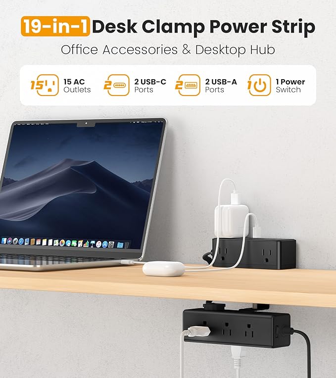 Dual Layer Desk Clamp Power Strip Desktop Edge Mount Surge Protector with 15 AC Outlets &amp 4 USB Ports(20W USB-C) Ultra Thin Flat Plug &amp 15FT Power Cord for Office Home(ETL Listed)