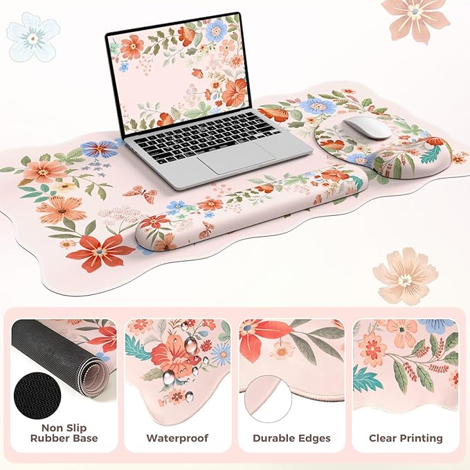 Pink Desk Cover Mat Ergonomic Mouse Pad with Wrist Support Girly Aesthetic Office Stuff Scalloped Floral Desk Protector for Office Must-Haves Work