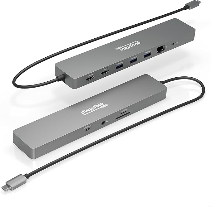 Plugable 11-in-1 USB-C Hub 100W USB-C Pass-Through Laptop Docking Station Dual Monitor 4K 60Hz HDMI Compatible with Thunderbolt Windows Chromebooks Displays Mirrored on Mac