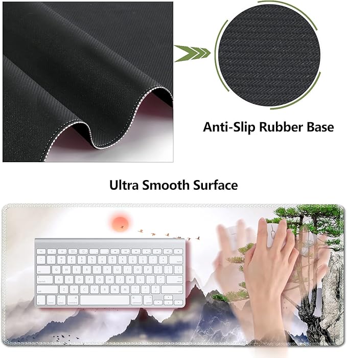 AIMSA Large Gaming Mouse Pad Set Keyboard Wrist Rest Support + Extended Mouse Pad + Mouse Wrist Cushion + Coaster Ergonomic Memory Foam Desk Mat 35x15.7in Anti-Slip Base (Pine Tree Mountains)