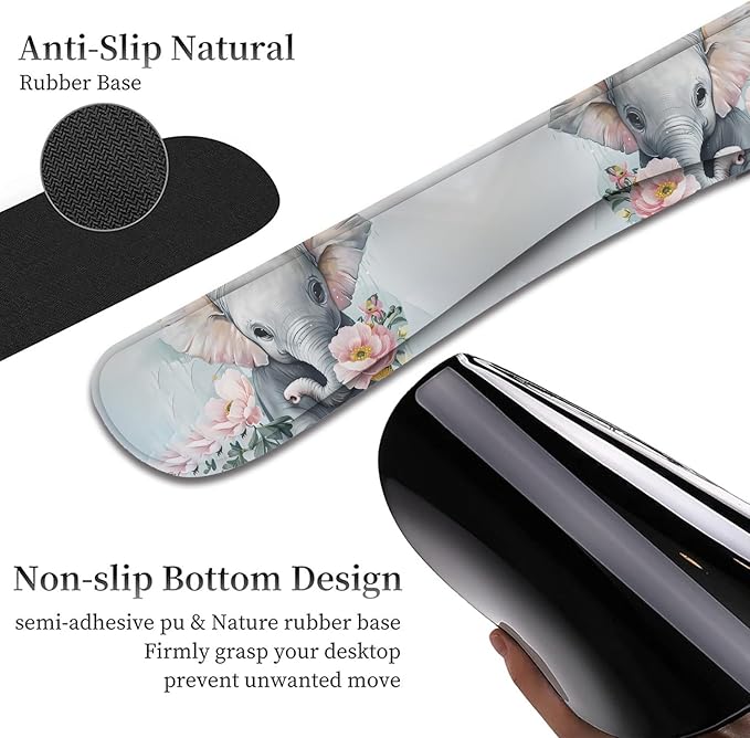 3 in 1 Keyboard Wrist Rest + Mouse Pad and Coaster Ergonomic Gel Mouse Pad and Keyboard Pad Set Comfortable Lightweight for Easy Typing Pain Relie Little Elephant Flower