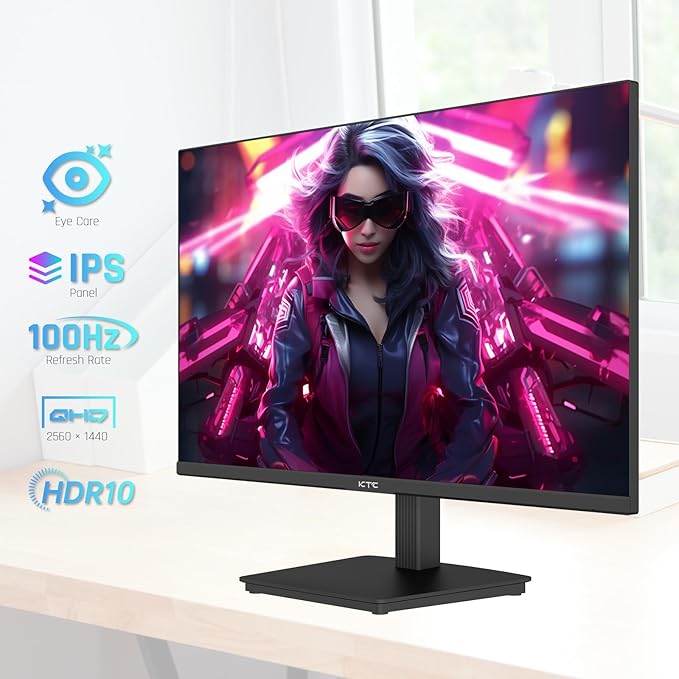 KTC 24 Inch QHD 2560x1440 IPS Computer Monitor 100Hz Zero-Frame 2K Gaming Office Monitor Adaptive Sync HDR10 VESA Tilt Adjustable Low Blue Light DisplayPort HDMI H24T27