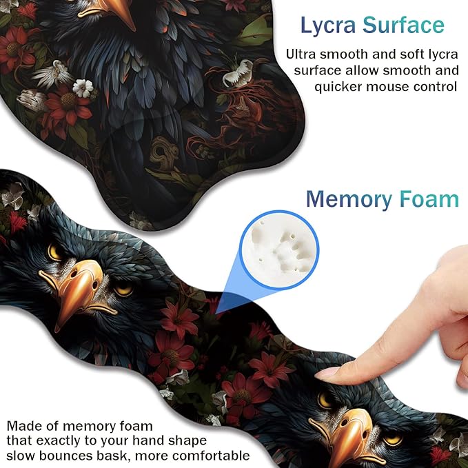 Ergonomic Keyboard Wrist Support Pad and Wrist Support Mouse Pad Anti-Slip with Gel Memory Mouse Pad Set Suitable for Office Use/Home Use - Dark Skull Flower Eagle