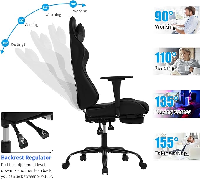 Gaming Chair with Footrest Reclining Video Game Chairs for Adults with Lumbar Support Headrest High-Back Home Office Computer Desk Chair PU Black-Black