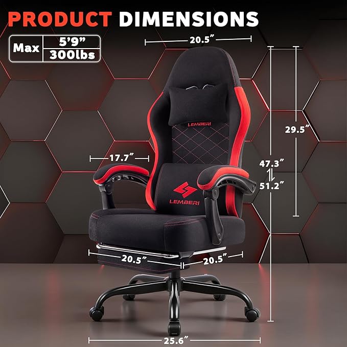 LEMBERI Gaming Chair Fabric Big and Tall Video Game Chairs for Adults with FootrestRacing Style Ergonomic Computer Gamer Chair with Headrest and Lumbar Support (Red)