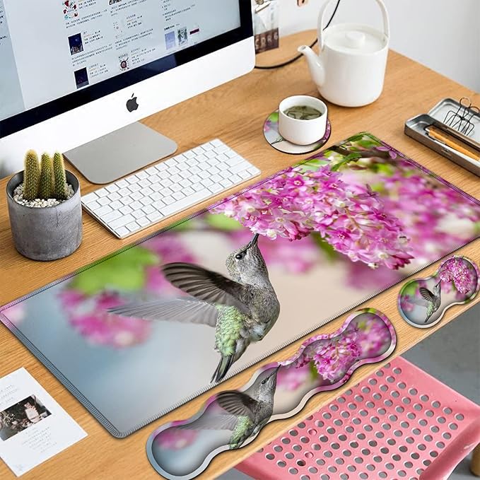 Extended Gaming Mouse Pad 31.5x11.8 Big Desk Mat Ergonomic Memory Foam Keyboard Wrist Rest Support for Home Laptop Working Office Desk Pad with Non-Slip BaseHummingbird &amp Flowers Large Mouse Pa