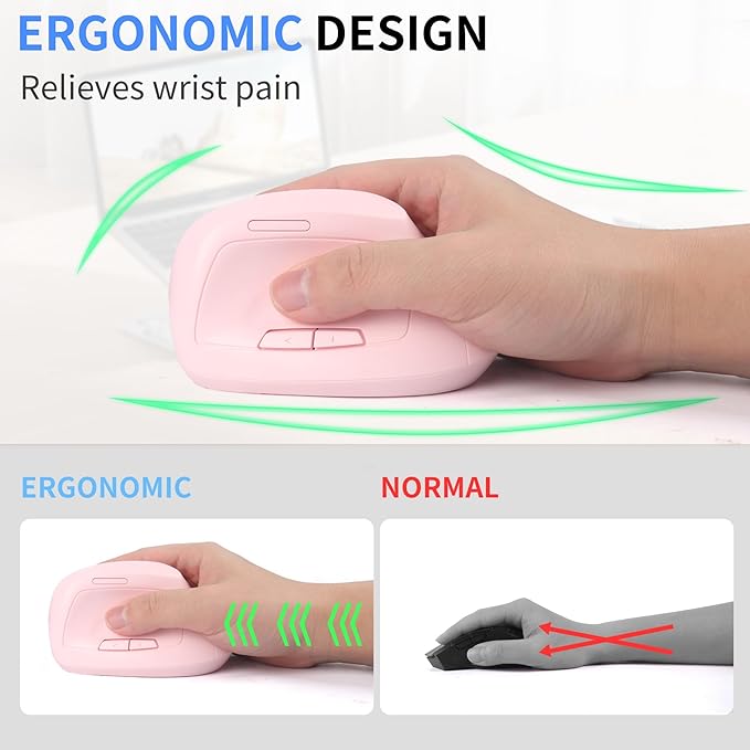 Ergonomic Mouse Bluetooth for MacWireless Vertical Mouse Dual Mode (Bluetooth&ampUSB)Rechargeable Optical Tracking Quiet Clicks Mice with USB Receiver 6 Buttons for PC/Laptop/Windows/ipad-pink