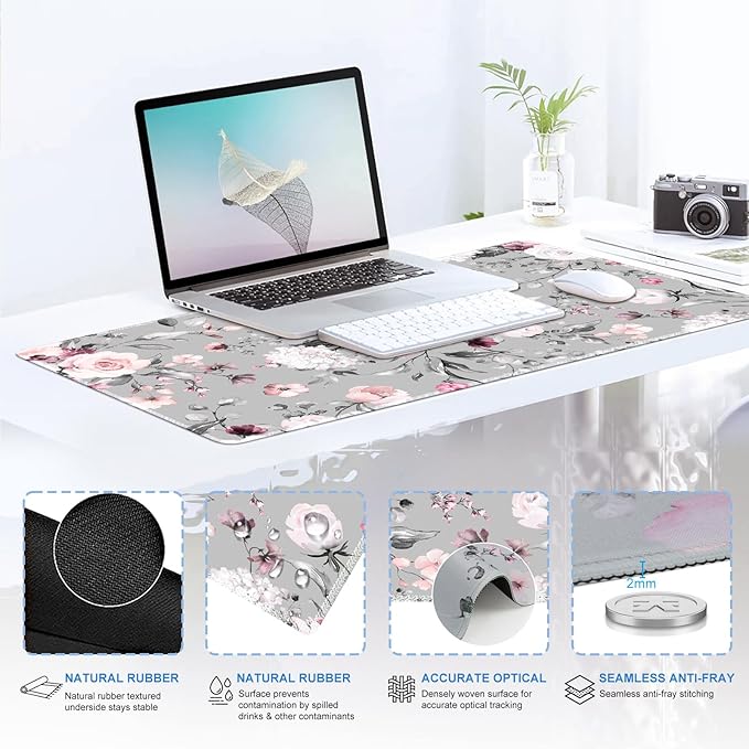 iCasso Large Mouse Pad Wrist Support Set 4in1 XXL Big Mousepad + Keyboard Wrist Rest + Mouse Wrist Rest + Coaster Set with Ergonomic Design Gaming Mat for Home Office Table Computer - Pink Floral