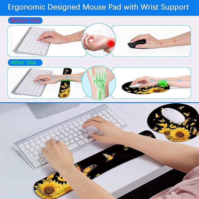 Mouse Pad Wrist Support and Keyboard Wrist Rest Pad with CoasterNon-Slip Rubber Base Ergonomic Gaming Mousepad for Home Office Working Studying Easy Typing &amp Pain ReliefBirds Sunflower Butterfly