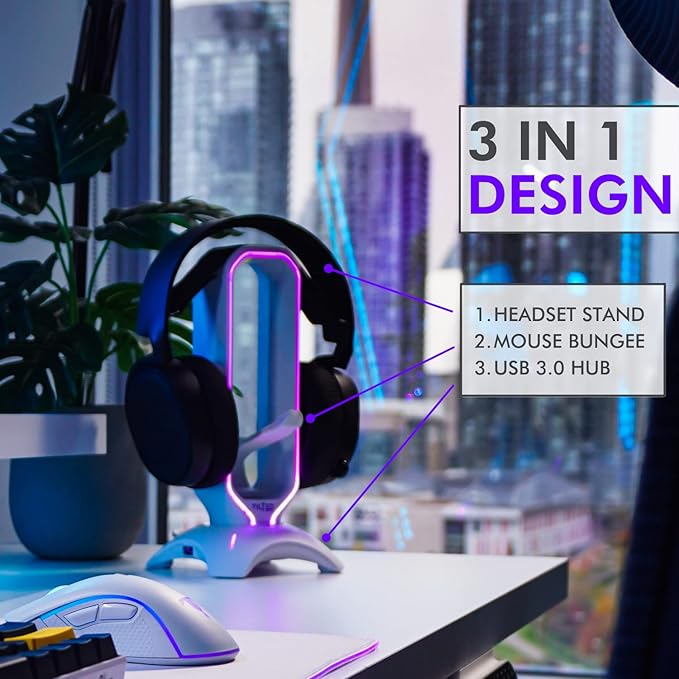 Tilted Nation Gaming Headphone Stand | RGB Headset Stand White | Headset Holder for Desk with Mouse Bungee and USB Hub | The Ultimate Gaming Accessories for Gamers for PS5 Xbox PC - White