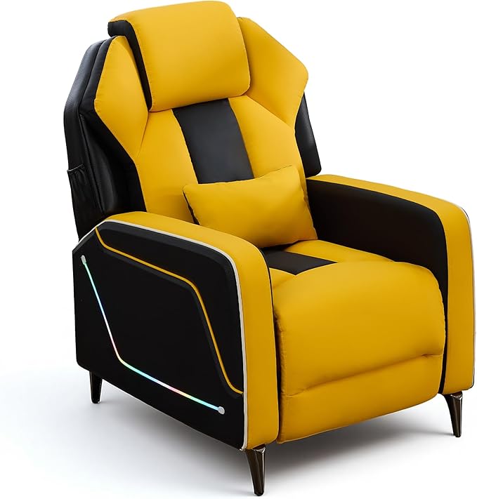 Gaming Recliner Chair with LED Lights Racing Style PU Leather Gaming Recliner for Adults Ergonomic Push-Back Recliner with Lumbar Pillow Home Theater Seating with Side Pockets Yellow
