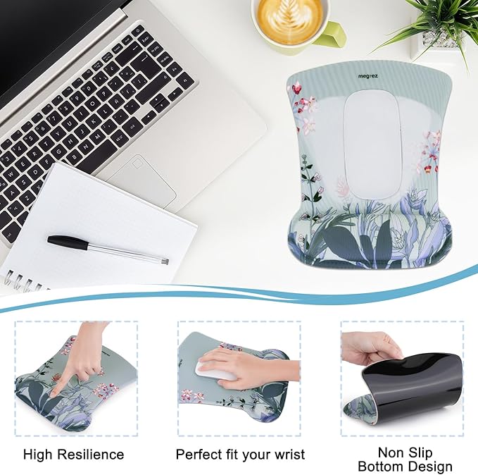 MEGREZ 4-in-1 Ergonomic Memory Foam Wrist Rest Set Desk Pad Mouse Pad with Wrist Rest Keyboard Pad Suitable for Office Workers Programmers &amp Gamers–Relieve Typing &amp Gaming Fatigue Blue G