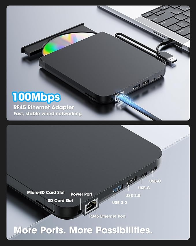 ROOFULL New USB 3.0 External CD DVD Drive with Ethernet Adapter USB-A/C Ports SD/TF Card Slot Carrying Case USB-C CD DVD Reader Burner Writer Player Optical Disc Drive for Windows &amp Mac Laptop