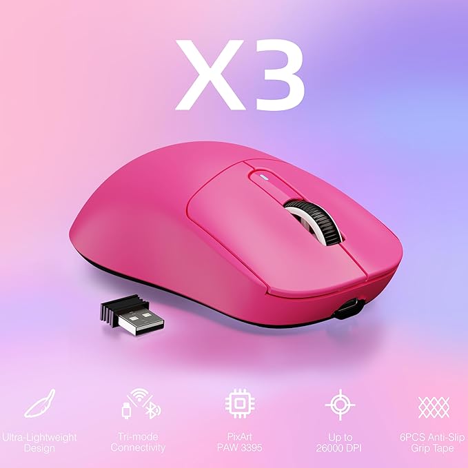 ATTACK SHARK X3 Wireless Gaming Mouse 49g Ergonomic Computer Mouse Triple Modes PAW3395 26K DPI Optical Sensor 200h Battery Life Programmable Buttons Gaming Accessories for PC/Laptop/Mac (Berry)