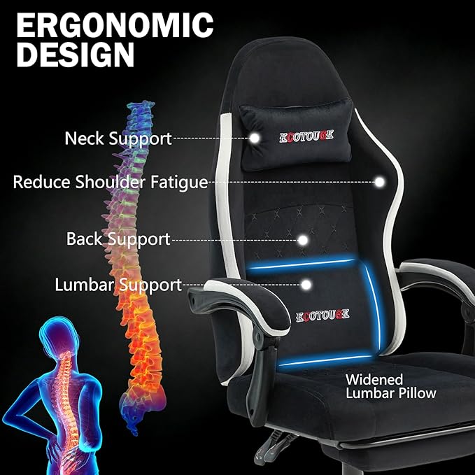 ECOTOUGE Fabric Gaming Chair Video Game Chair with Footrest and Lumbar Support Adjustable Height Home Desk Office Chair Ergonomic Comfort Gamer Chair with High Back Black