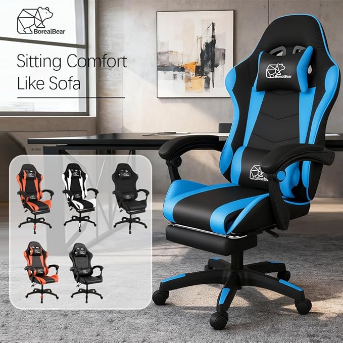BorealBear Gaming Chair Office Chair Reclining High-Back PU Leather Computer Desk Chair with Headrest and Lumbar Support Suitable for Gaming Chairs Office Storage Office Shelving and More（Blue）