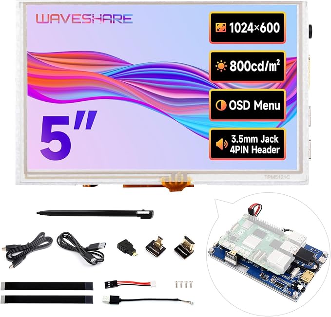 waveshare 5inch High-Brightness Touch Screen Compatible with Raspberry Pi 5/4B/3B/Zero/Zero W/Zero 2W/Pico/Pico W/Pico WH Supports Windows 11/10/8.1/8/7 &amp Jetson Nano Narrow-Bezel Resistive Tou