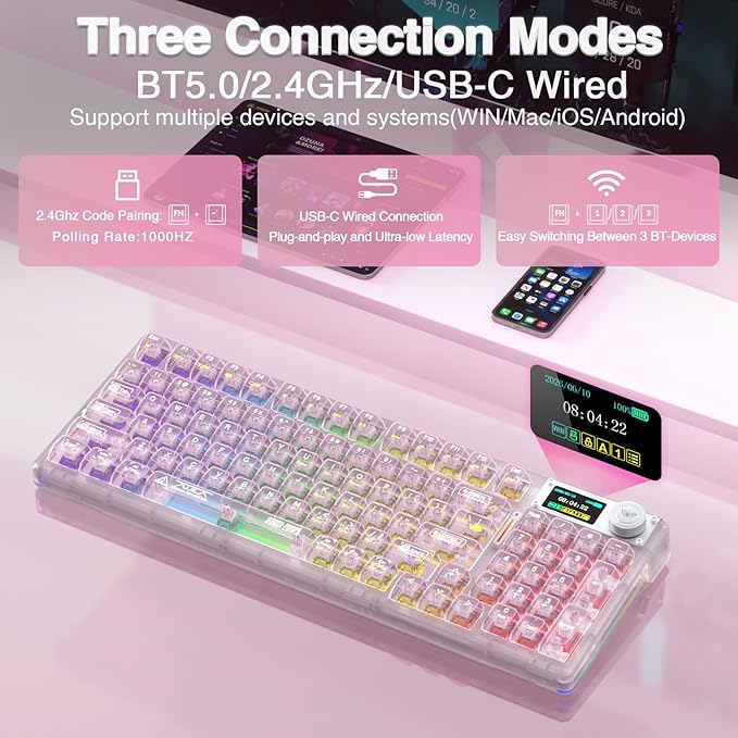 AULA F98 Pro V3 Wireless Mechanical Keyboard with Transparent KeycapsHot-swappablePre-lubed Linear SwitchesGasket StructureRGB BacklitTFT ScreenBT5.0/2.4G/USB-C Wired Computer Keyboard