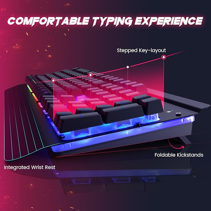 Wired Gaming Keyboard and Mouse Combo 104 Keys All-Metal Panel Rainbow Computer Keyboard with Multimedia Keys Wrist Rest and LED Backlit Gaming Mouse 4200 DPI for Windows PC Gamers (Black)