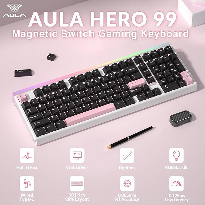 AULA Hero 99 Wired Gaming Keyboard Hall Effect Keyboard with Rapid Trigger Mode Hot Swappable Magnetic Switch Keyboard with Number Pad Web DriverRGB Backlit Mechanical Keyboard for Office PC Gamer