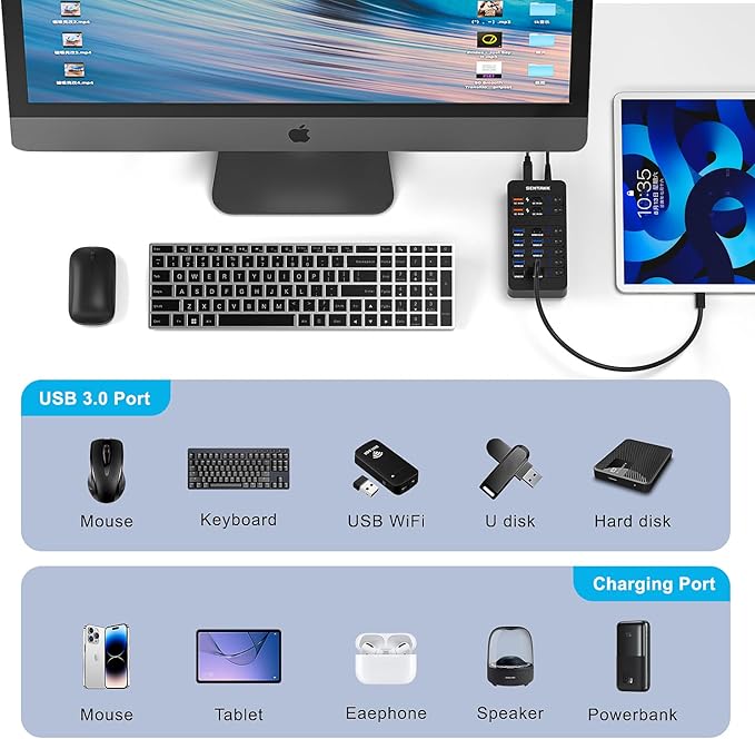Powered USB Hub14 Ports USB Data Hub Splitter with 6 USB 3.0 Port4 Charging Port1 USB-C 3.0 Data Port1 PD 60W Charging Port w LED Individual On/Off Switches for MacBookMac ProLaptop/PC