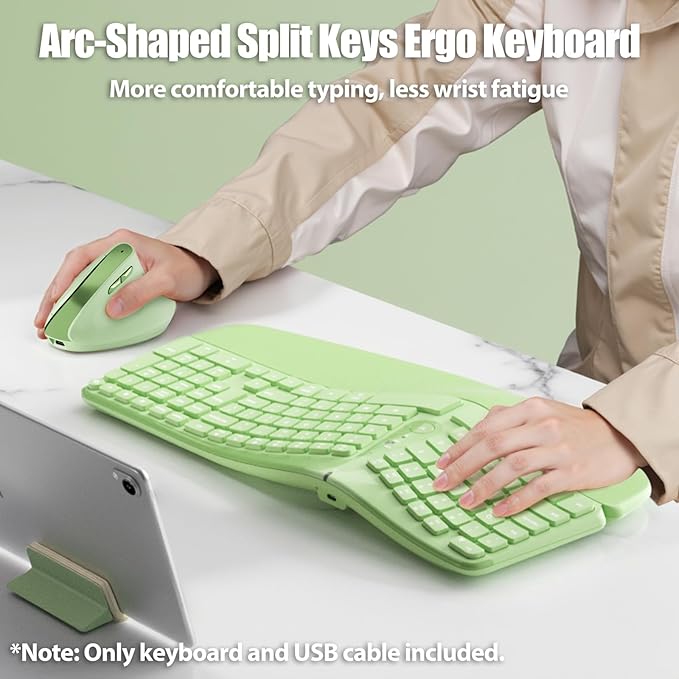 Bow Split Ergonomic Keyboard Wireless with Cushioned Wrist &amp Palm Rest Wireless 2.4G/Bluetooth/Wired USB-C Comfortable Natural Typing Compatible with Windows/Mac/PC/Laptop Matcha Green