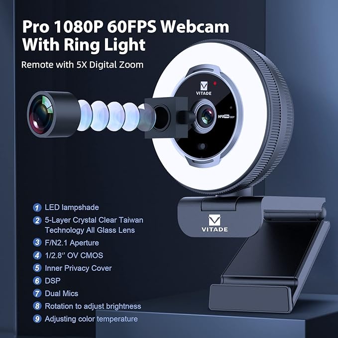 Zoomable Webcam with Remote Control 1080P 60FPS Streaming Webcam with Adjustable Ring Light and Tripod Pro USB 5X Digital Zoom Webcam for Zoom/Skype Teams/Laptop/Mac Windows