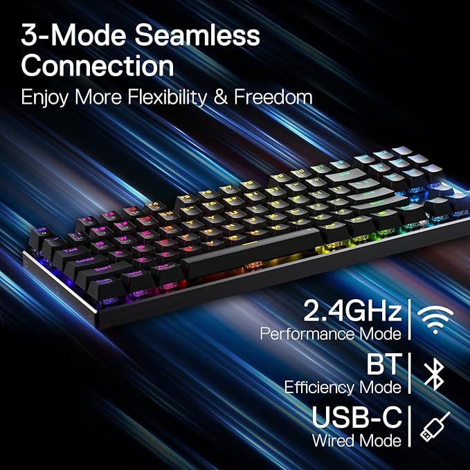 Redragon K660RGB-PRO (K556 TKL) Wireless Gaming Keyboard 80% 87 Keys BT/2.4Ghz Tri-Mode Aluminum Mechanical Keyboard w/Mac Function Keys Hot-Swap Sockets &amp Noise Absorbing Form Red Switch
