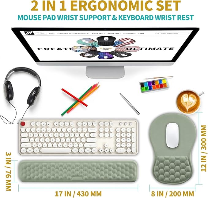 Hokafenle 2 in 1 Ergonomic Mouse Pad Wrist Support &amp Wrist Rest for Computer Keyboard Set with Relieve Carpal Tunnel Pain Massage Bulge and Full Memory Gel Design (2In1 Set Light Green)