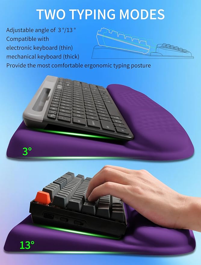 Ergonomic Wave Wrist Rest with Keyboard Stand Cushioned Palm Rest Comfortable Integrated Memory Foam for Natural Typing and Relieve Wrist Pain Rich Purple