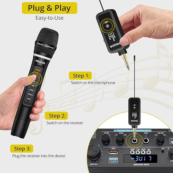 PROZOR UHF Wireless Microphone with Volume Treble Bass Echo Control Wireless Rechargeable Mic Dual Handheld Dynamic Mic System with Rechargeable Receiver for Karaoke Machines DJ Church Weddings