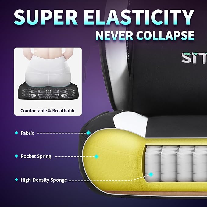 SITMOD Breathable Fabric Gaming Chair 350lbs Heavy Duty Computer Office Chair with Pocket Spring Cushion Wide Seat Ergonomic Gamer Chair with Footrest for Big and Tall Reclining High White