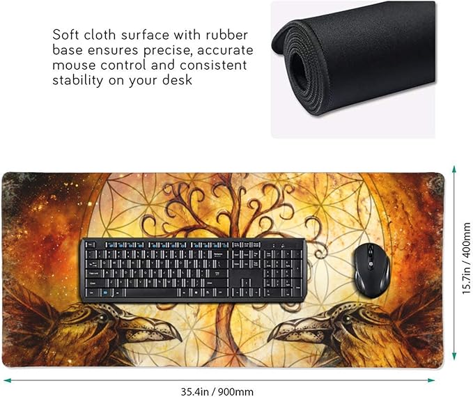 Ravens Tree of Life Large Mouse Pad Gaming Mousepad with Wrist Support Rubber Computer Keyboard Mat for Desk Laptop Non-Slip Full Deskmat Protector Waterproof Writing Pad Office Home 16x35.5 in