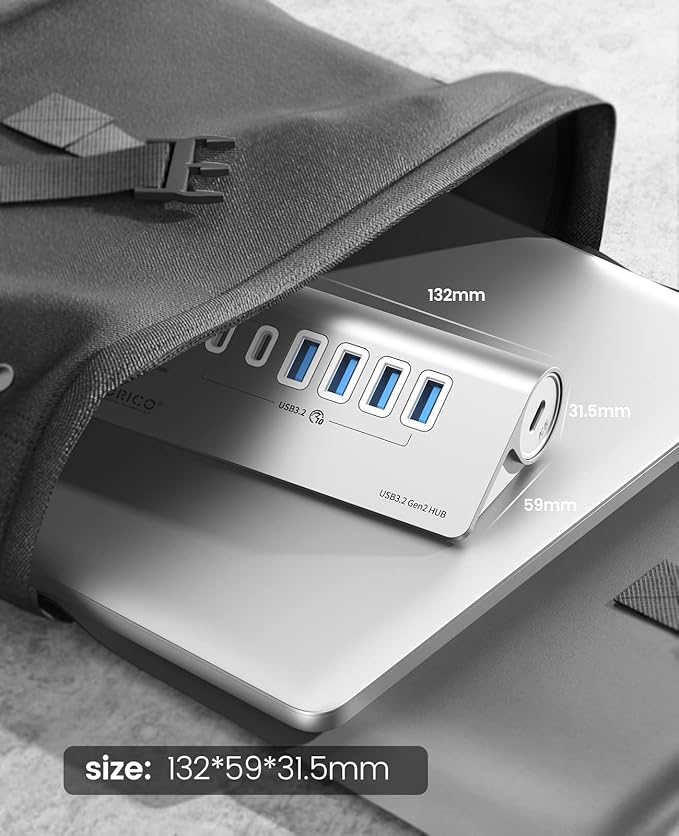 ORICO 7 Port USB Hub 10Gbps Aluminum USB 3.2 Gen 2 Hub 6 USB 3.2 Data Ports PD 60W Ports 1.64Ft C to C Cable USB Data Hub for Laptop